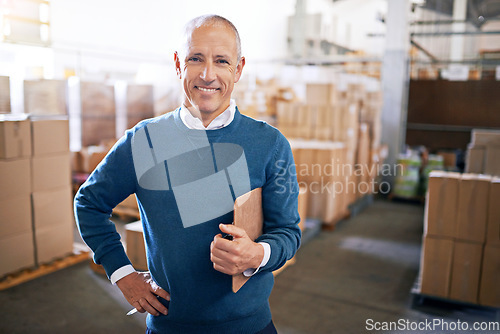 Image of Checklist, manager and portrait of man in warehouse for cargo, storage and shipping. Delivery, ecommerce and logistics with employee in factory plant for supply chain, package or wholesale supplier