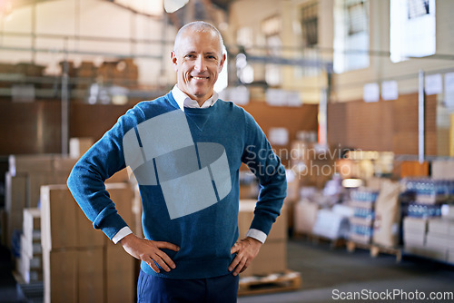 Image of Happy, delivery and portrait of man in warehouse for cargo, storage and shipping. Distribution, ecommerce and logistics with employee in factory plant for supply chain, package or wholesale supplier