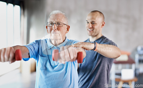 Image of Physiotherapist, senior man and rehabilitation with dumbbells, fitness and exercise for recovery, help and training. Mature male person, client or employee with equipment, physical therapy and health