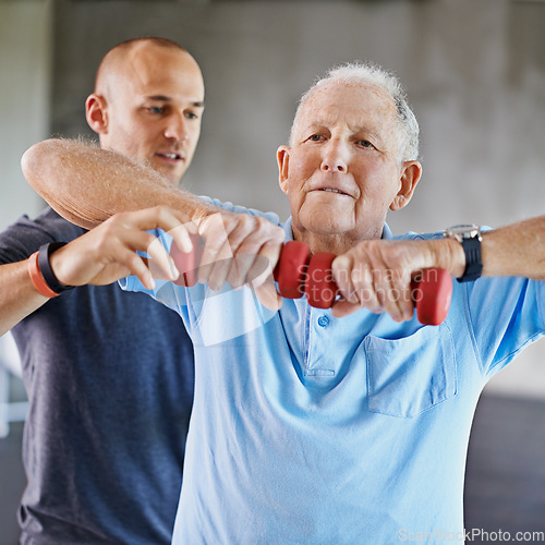 Image of Physiotherapist man, senior patient and weight training for health and wellness therapy in retirement. Healthcare, physio and workout for recovery with a dumbbell for medical care and elderly person