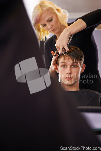 Image of Hair care, hairdresser or mirror reflection of man for hairstyle, grooming or cleaning in beauty salon. Hairdressing, service woman or studio people, customer or person for healthy haircare treatment