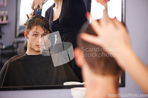 Image of Hair studio mirror, hairstylist and salon man for hairstyle, grooming and cleaning in beauty spa. Hairdresser, service and studio people, customer or client for silky smooth, rich and texture haircut