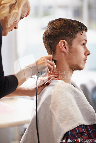 Image of Hair care clipper, hairdresser and woman cut client hairstyle, grooming and cleaning in beauty salon. Hairdressing machine, service and studio person, customer or man for healthy haircare treatment