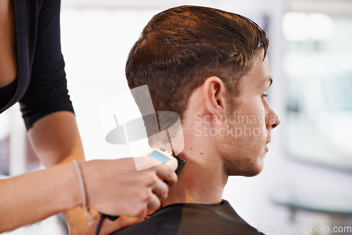 Image of Hair clipper, hairdresser hands and woman cut client hairstyle, grooming and cleaning in beauty salon. Hairdressing machine, hairstylist and studio people, customer or man for haircare treatment