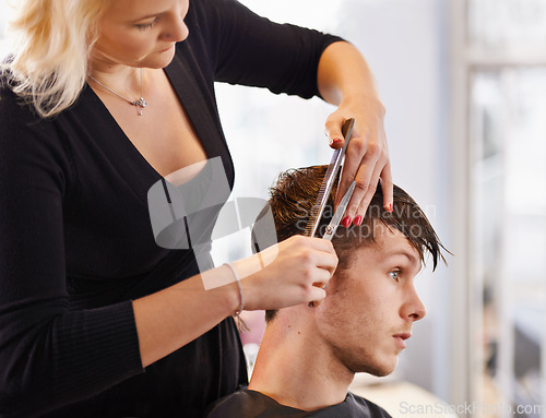 Image of Hair care comb, hairdresser scissors and woman cut client hairstyle, cleaning and grooming in beauty spa salon. Hairdressing, service and studio person, customer or man for haircare brush treatment