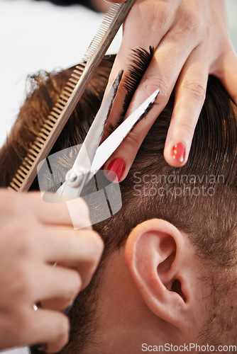 Image of Hair scissors, customer and hairdresser hands cutting hairstyle, grooming and cleaning in studio salon. Hairdressing tools, comb brush or closeup people, customer or client for haircare treatment