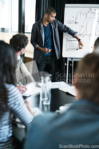 Image of Presentation, speaker and data with business people in meeting for statistics, planning and consulting. Training, chart and conference with employees in office for workshop, growth and investment