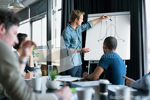 Image of Presentation, graph and data with business people in meeting for statistics, planning and consulting. Training, speaker and conference with employees in office for workshop, growth and investment