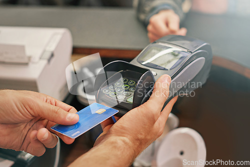 Image of Credit card, machine and hands of customer for payment to cashier for shopping, point of sale and checkout. Transaction, technology and closeup of person paying for finance with debit money in store