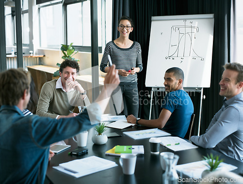 Image of Presentation, question and data with business people in meeting for statistics, planning and consulting. Training, speaker and conference with employees in office for workshop, growth and investment