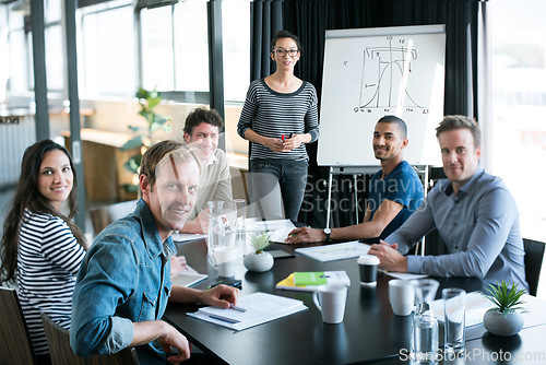 Image of Presentation, chart and portrait with business people in meeting for statistics, planning and consulting. Training, speaker and conference with employees in office for workshop, growth and investment