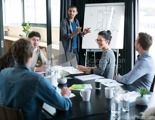 Image of Presentation, planning and whiteboard with business people in meeting for analytics of creative analysis. Training, data and teamwork with employees in office for workshop, ideas and design solution