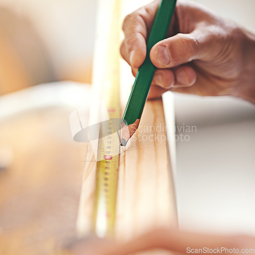 Image of Carpenter, wood and measure with hands of man in workshop for building, manufacturing and creative. Planning, industry and drawing with closeup of handyman for builder, lumber and maintenance