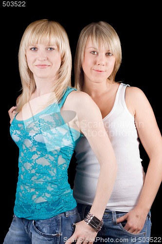 Image of Portrait of the two young beauty blonde. Isolated