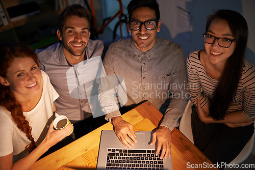 Image of Portrait, laptop and business friends at night, working in the boardroom for design or modern creativity from above. Meeting, teamwork and overtime with designer colleagues at work in the evening