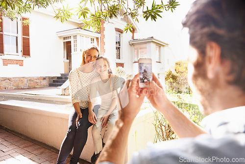 Image of House, happy family and outdoor phone picture of child, mother or people with father taking digital photo. Love, photography and bonding mom, dad and kid relax, smile and post to social media