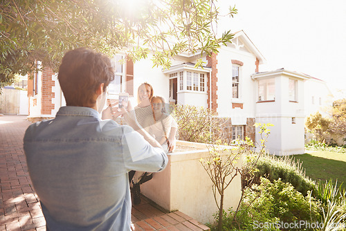 Image of Happy family house, phone and summer photo of kid, mother or people with papa capture outdoor picture. Sunshine, mobile app and bonding mom, dad and child relax, smile and enjoy quality time together