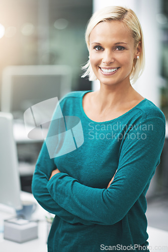 Image of Job, smile and portrait of woman employee or worker confident in working for a company or workplace. Success, goals and professional mature person arms crossed happy for development in an agency