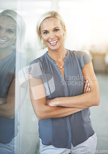 Image of Relax, smile and portrait of woman employee confident in working for a corporate company or business. Success, goals and professional mature person or worker arms crossed happy for development