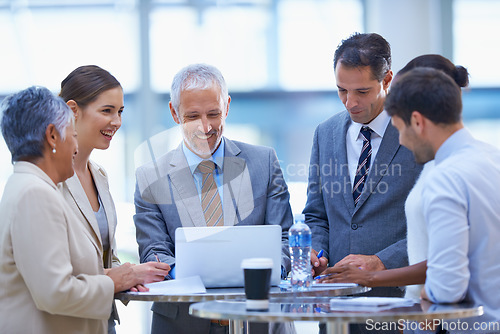 Image of Ceo, laptop and mento with business people in meeting for coaching, planning and strategy. Website, leadership and project management with employees in office for boss, training and director