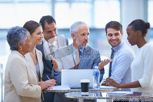 Image of Ceo, confused and planning with business people in meeting for coaching, mentor and strategy. Question, leadership and project management with employees in office for boss, training and director