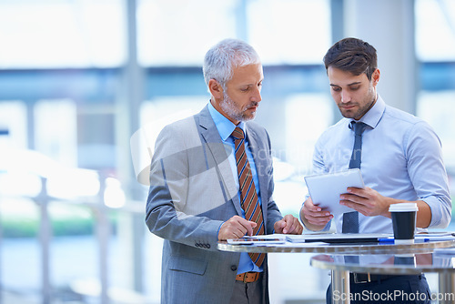Image of Internship, tablet and manager talking to employee in a meeting or search internet, online or website for information. Mockup, mentor and senior businessman coaching young person in training for job