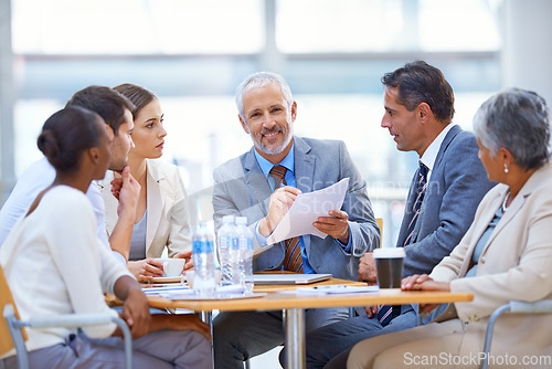 Image of Ceo, leadership and portrait of man in business meeting for coaching, mentor and strategy. Corporate, manager and project management with employees in office for boss, training and director