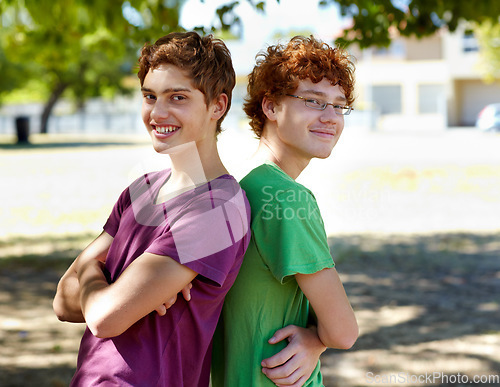 Image of Portrait, kids and friends in a park together during summer for bonding outdoor on holiday. Friendship, children or boys with a young child and best friend outside in the day on a blurred background