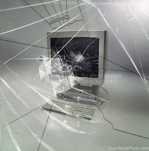 Image of Crack, glass and isolated desktop computer with problem, destruction and vintage hardware by white background. Retro pc, broken monitor and impact on screen in studio with information technology