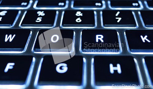 Image of Closeup macro, laptop and keyboard with shine, backlit or technology for email communication, coding or iot. Pc, computer and button for typing, networking or data for connection, seo or programming