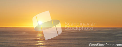 Image of Sky, sunset and sea at morning on the horizon with ocean and waves landscape. Sunrise background, calm weather and summer by the beach with coastline and outdoor environment with mockup in nature