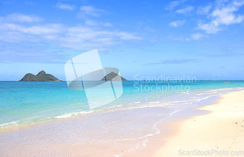 Image of Beach, island and ocean landscape with water, clouds and sky or travel to a tropical paradise, dream vacation or holiday, Hawaii, summer wallpaper and relax in nature, sun and blue sea waves