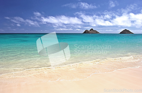 Image of Island, beach and ocean landscape with clouds in the sky or travel to a tropical nature paradise, dream vacation or holiday, Hawaii, summer wallpaper and relax in water, sun and blue sea waves