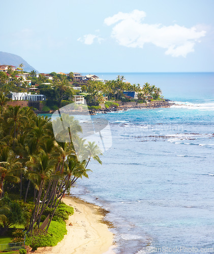 Image of Tropical beach, trees and sky by landscape with nature, buildings and ocean with summer sunshine. Outdoor, Hawaii and natural sea environment with palm tree, sand and water by island with horizon