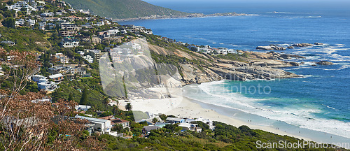 Image of Mountain, beach and aerial of city by ocean in South Africa for tourism, traveling and global destination. Landscape, background and view of sea by urban town for adventure, vacation and holiday