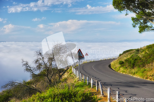 Image of Road, nature and travel landscape, direction and destination with asphalt and highway in South Africa. Environment, street and location with journey and traveling view outdoor with horizon and path