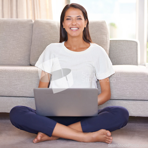 Image of Smile, laptop and portrait of woman on home floor with internet for streaming online. Happy female person relax in lounge for remote work, studying and research or email for for social media or blog