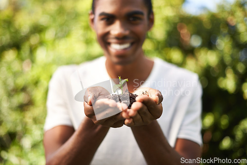 Image of Black man portrait, sustainability and plant growth in nature for gardener, environment development and dirt. Soil, growing and sustainable eco friendly work of a person with care, smile and outdoor