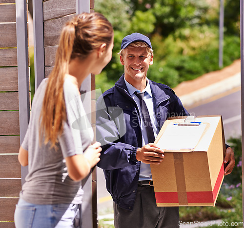 Image of Delivery, shipping and box with courier and woman at door for logistics, cargo and supply chain. Ecommerce, package and export with man and customer at home for distribution, freight and retail