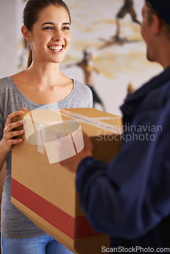 Image of Delivery, shipping and courier with woman and product for logistics, cargo and supply chain. Ecommerce, package and export with man giving customer box at home for distribution, freight and retail