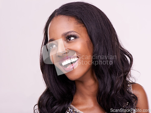 Image of Beauty, makeup and face of black woman thinking in studio with hair extension or cosmetic idea. Happy female model on a pink background while laughing with skin glow and luxury or glamour aesthetic