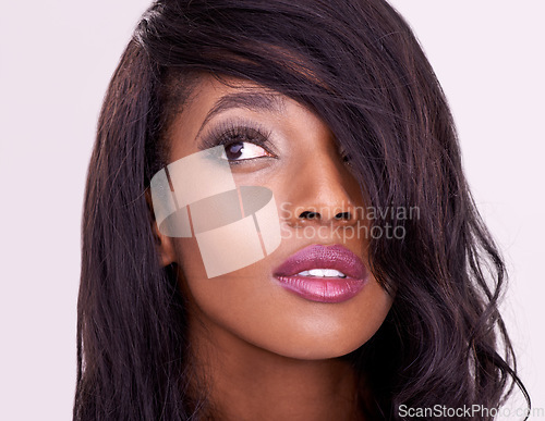 Image of Beauty, thinking and makeup on face of black woman in studio for hair extension, cosmetics or glow. Headshot of african female model on pink background for facial shine, skin care or luxury aesthetic