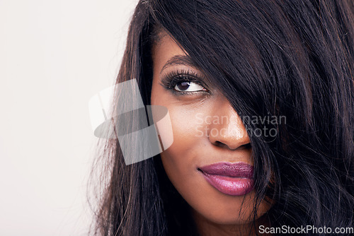 Image of Beauty, hair and face of black woman in studio for makeup, human extensions or cosmetics. Headshot of african female model on a white background thinking of salon mockup, skin glow or luxury skincare