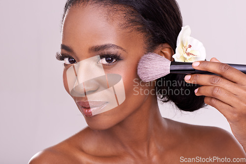 Image of Portrait of black woman with brush on face, makeup and studio backdrop with cosmetic application tool. Skincare, blush and beauty cosmetics of female model with contour powder on pink background