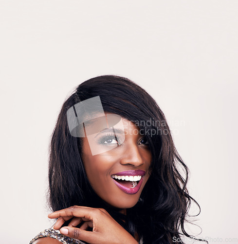 Image of Beauty, excited and face of a black woman in studio for makeup, hair extension or wow idea. Happy african female model on a white background for luxury cosmetics mockup, skin glow or surprise