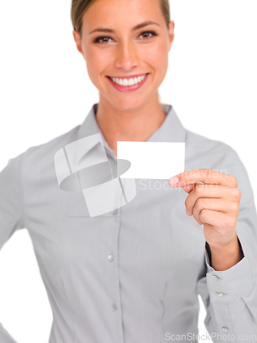 Image of Woman, portrait smile and business card for advertising, marketing or branding against a white studio background. Isolated happy female person or employee showing poster or placard for advertisement