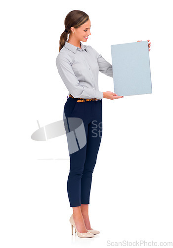 Image of Business woman, billboard and poster for advertising or marketing against a white studio background. Isolated happy female person holding sign or placard with smile for advertisement on mockup space