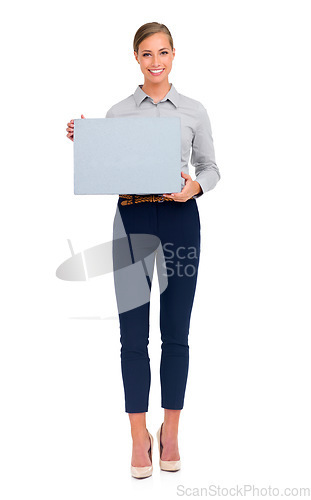 Image of Business woman, portrait smile and poster for advertising or marketing against a white studio background. Isolated happy female person holding sign or billboard for advertisement with mockup space