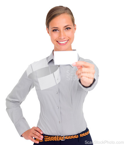 Image of Business woman, portrait smile and card for advertising, marketing or branding against a white studio background. Happy female person, employee or model showing poster or placard for advertisement