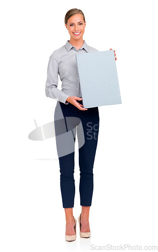 Image of Business woman, portrait and billboard in marketing or advertising against a white studio background. Isolated happy female person holding sign or placard with smile for advertisement on mockup space